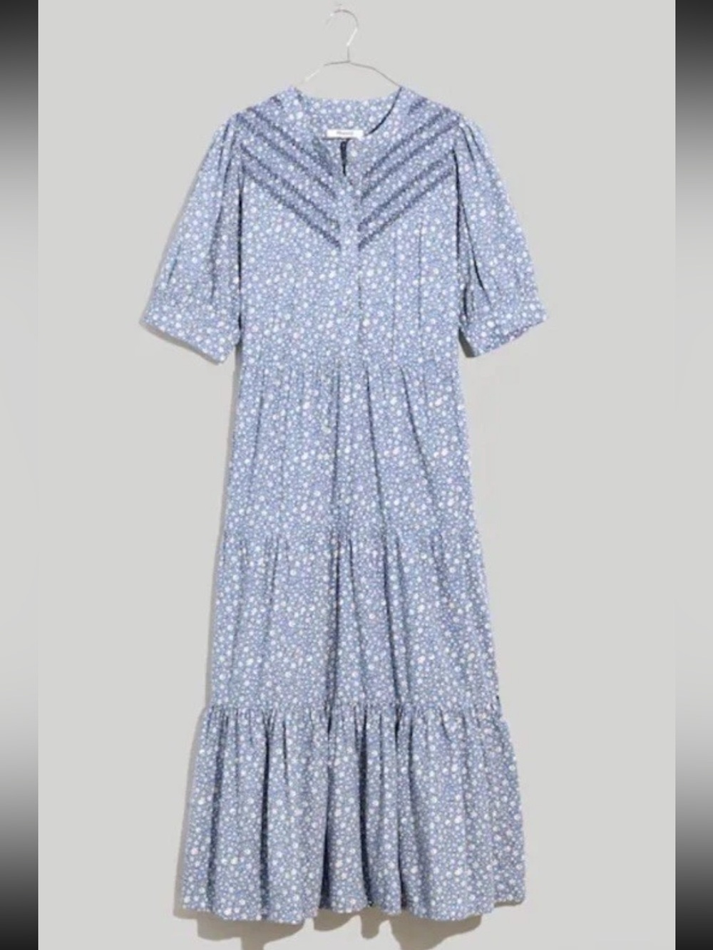 Madewell Midi Dress Embroidered Puff Sleeve Blue Ruffled M Cottage NH076 - Picture 5 of 15